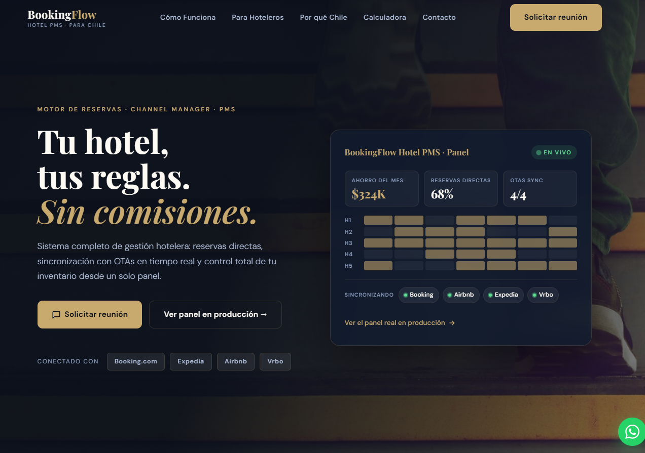 BookingFlow Hotel PMS, sistema de gestión hotelera para Chile
